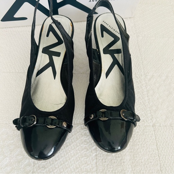 Anne Klein Slingback Wedge Shoes Black Glossy Toe Cap Comfort Davy size 8 - Picture 3 of 14